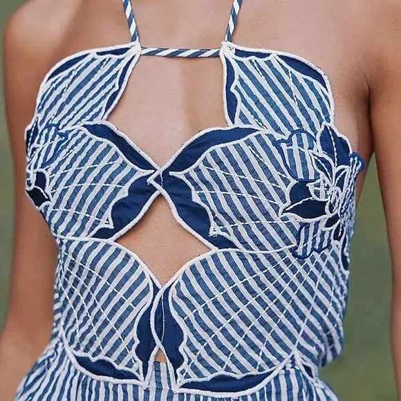 Hibiscus Cutwork Cotton Midi Dress - Blue Pattern xxs - Picture 3 of 7